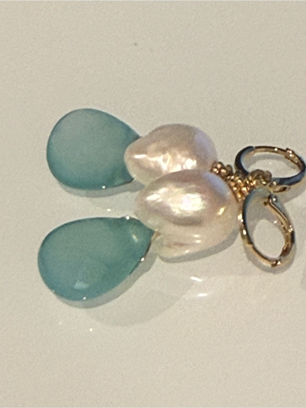 Gold Hoop Earrings with Sea Blue Chalcedony Stones and Cream Baroque Pearls